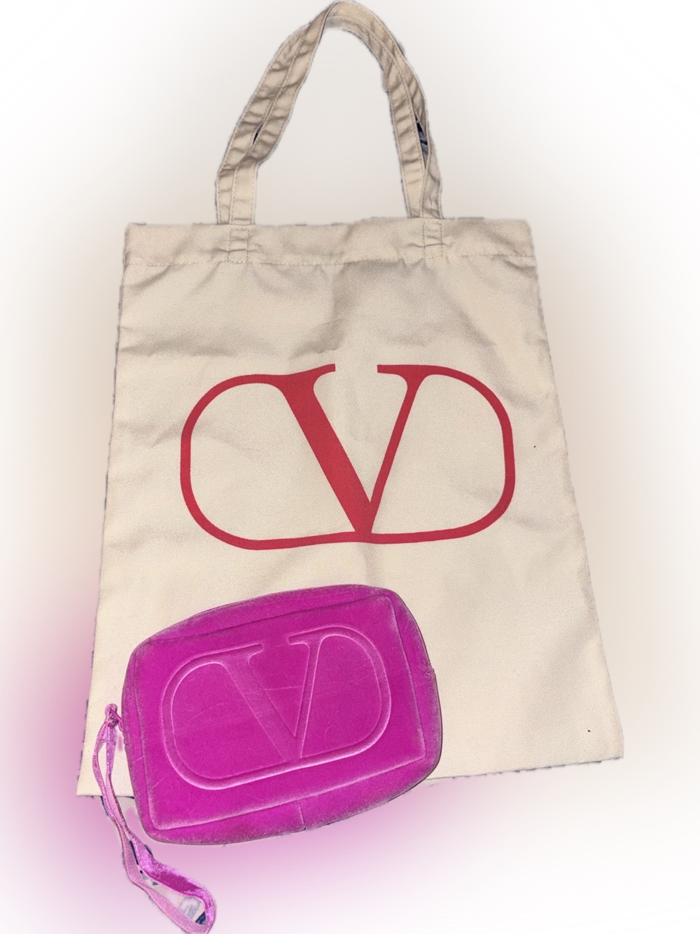 Valentino Beige Canvas Tote with Red Logo & Velour Pouch
